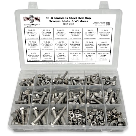 Boltsandnuts.Com Inch 18-8 Stainless Steel Hex Cap Screws, Hex Nuts, Flat & Lock Washers - 380 PCS Assortment Kit #202